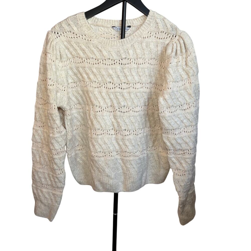 NWT Ophelia Roe women’s cream crew neck puff shoulder pointelle sweater. Size XL